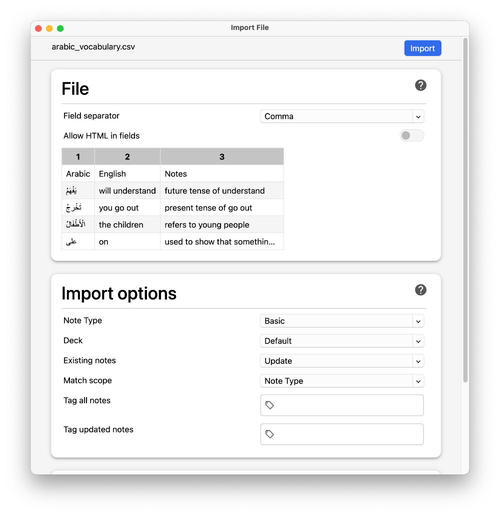 Arabic vocabulary CSV ready to import into Anki flashcards