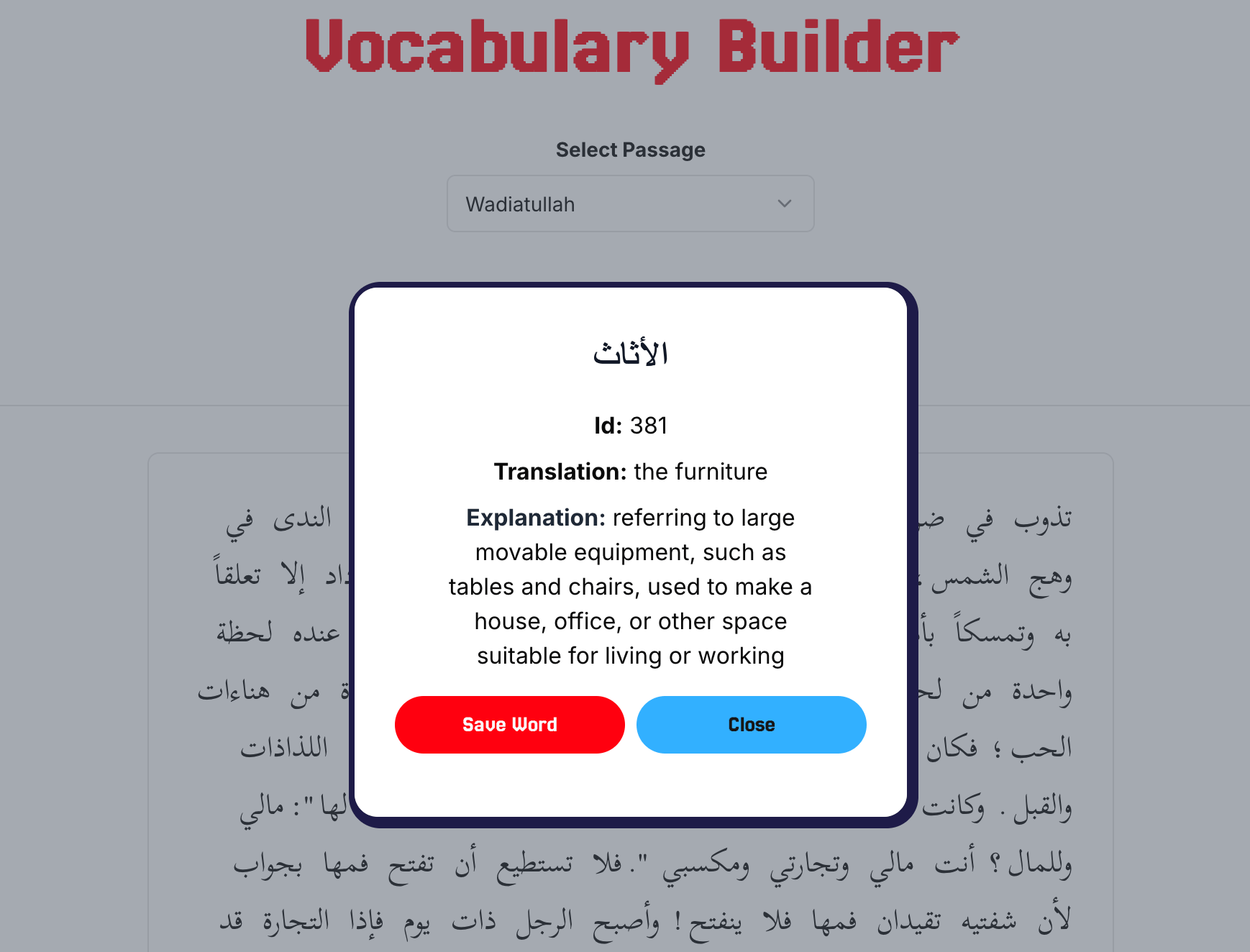 Arabic vocabulary builder showing a contextual translation for a selected word